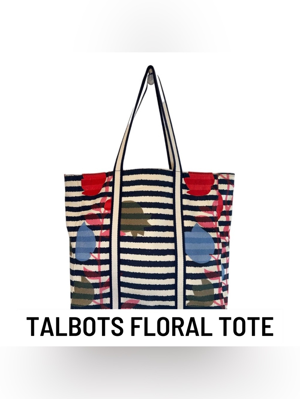 Talbots Navy & Cream Stripe Floral Tote with Red, Blue & Green Accents